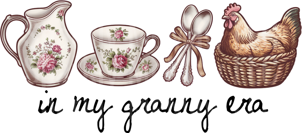 In My Granny Era Vintage Kitchen Items with Hen UV DTF Decal