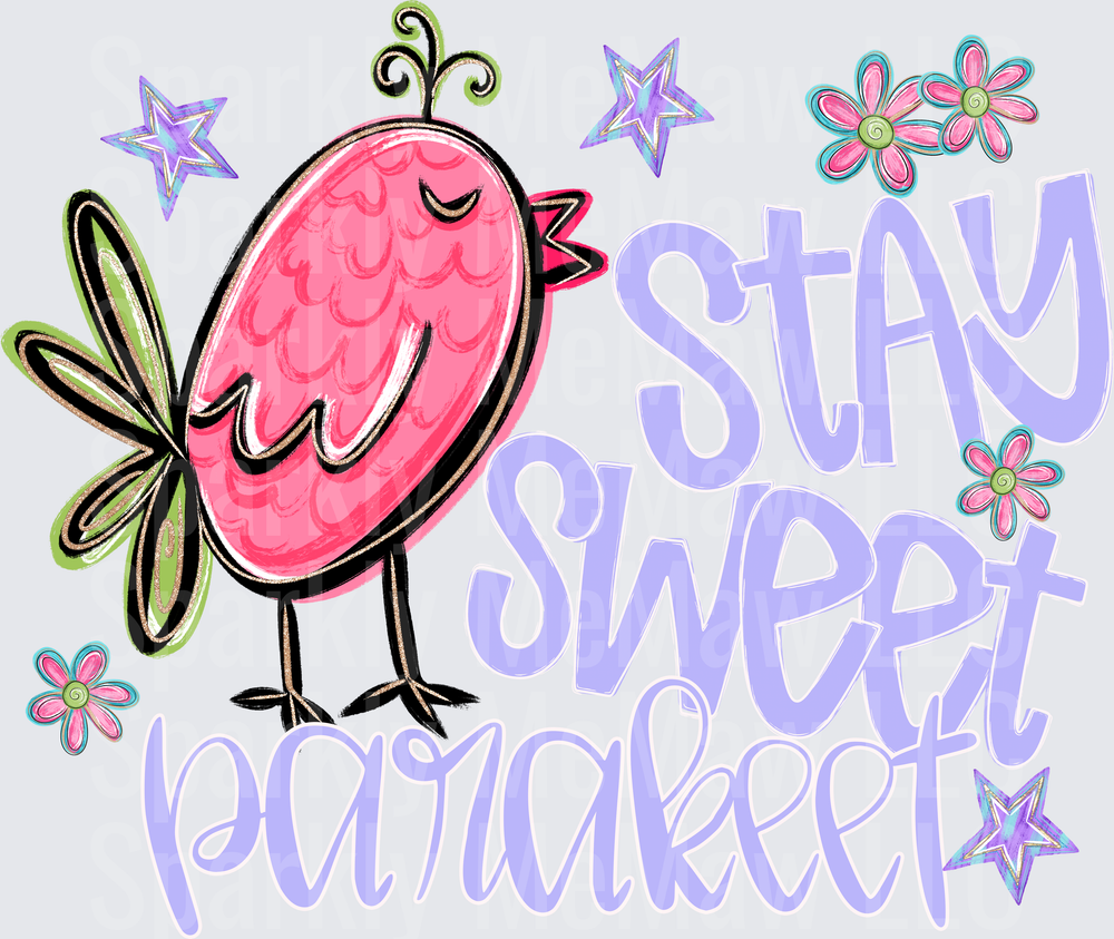 Stay Sweet Parakeet Pink Bird with Purple Typography and Floral Elements UV DTF Decal