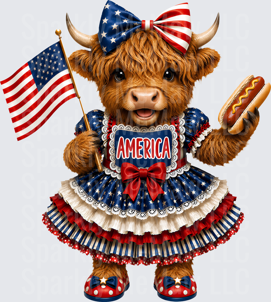 Patriotic Highland Cow in America Dress with Flag and Hot Dog UV DTF Decal