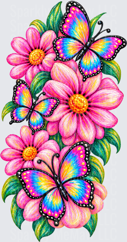 Colorful Butterflies Pink Flowers UV DTF Decal