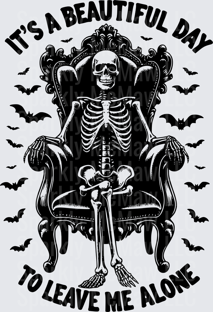 Skeleton in Victorian Chair with Bats It's A Beautiful Day To Leave Me Alone UV DTF Decal