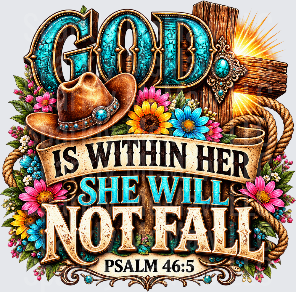 God Is Within Her She Will Not Fall Psalm 46:5 Western Cross UV DTF Decal