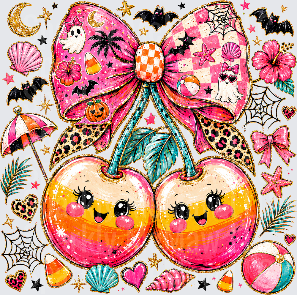 Cute Kawaii Cherry Duo with Halloween Tropical Coquette Bow Collage UV DTF Decal