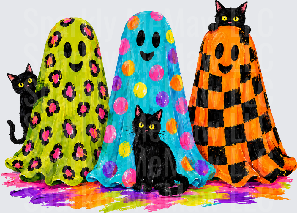 Three Patterned Ghosts Black Cats UV DTF Decal