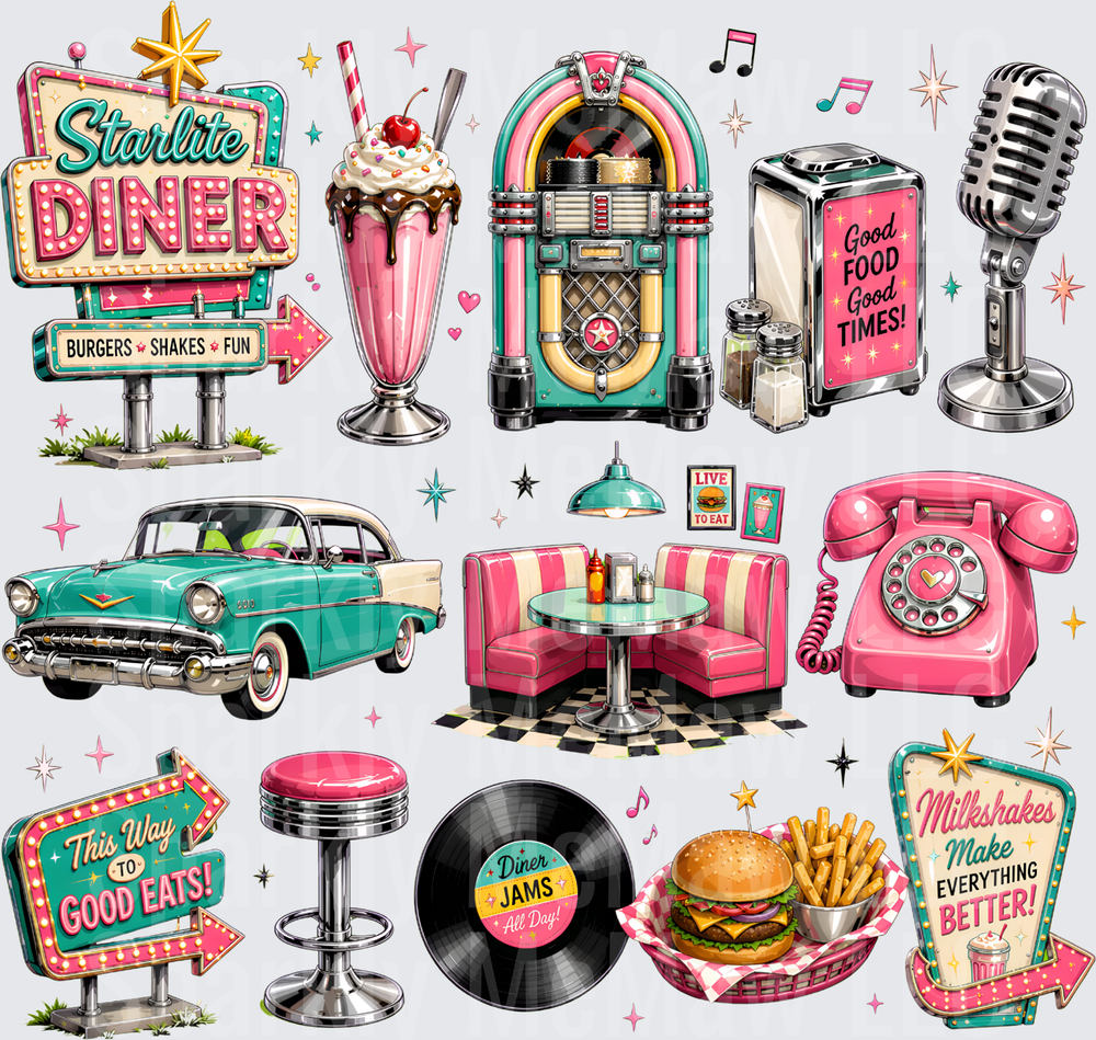 Retro 1950s Diner Bundle Starlite Milkshake Jukebox Classic Car Rockabilly Elements UV DTF 10x10 Element Sheet