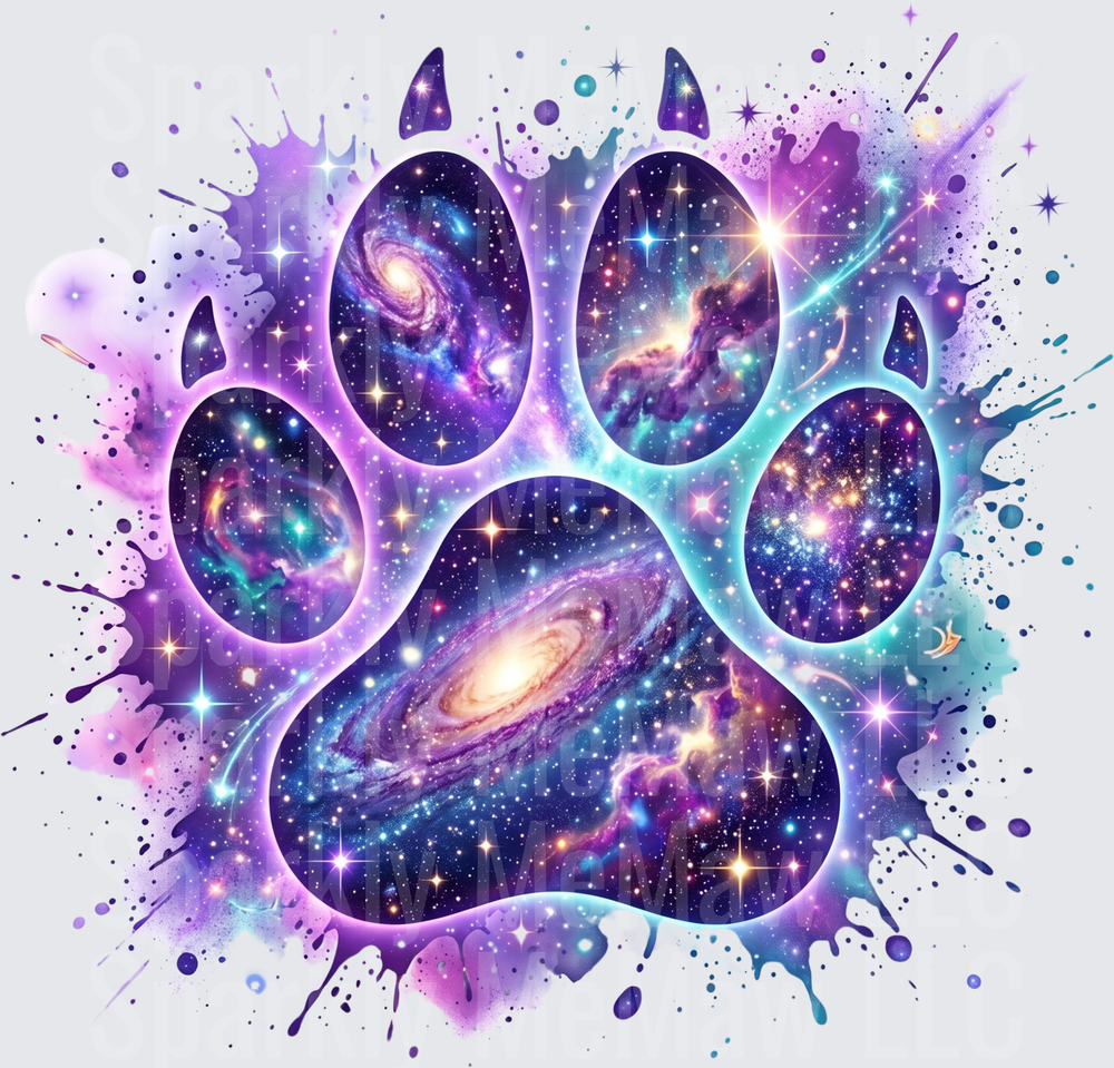 Cosmic Galaxy Paw Print with Nebula Stars and Space Splatter UV DTF Decal