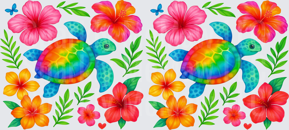 Rainbow Sea Turtle Tropical Flowers This is a UV DTF 16 OZ Wrap