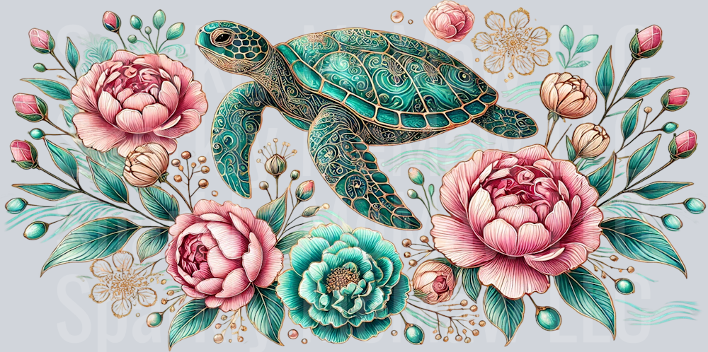 Sea Turtle with Roses and Peonies UV DTF Decal