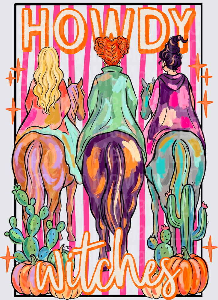 Howdy Witches Three Women on Horseback with Cacti and Pumpkins Western Halloween DTF Transfer