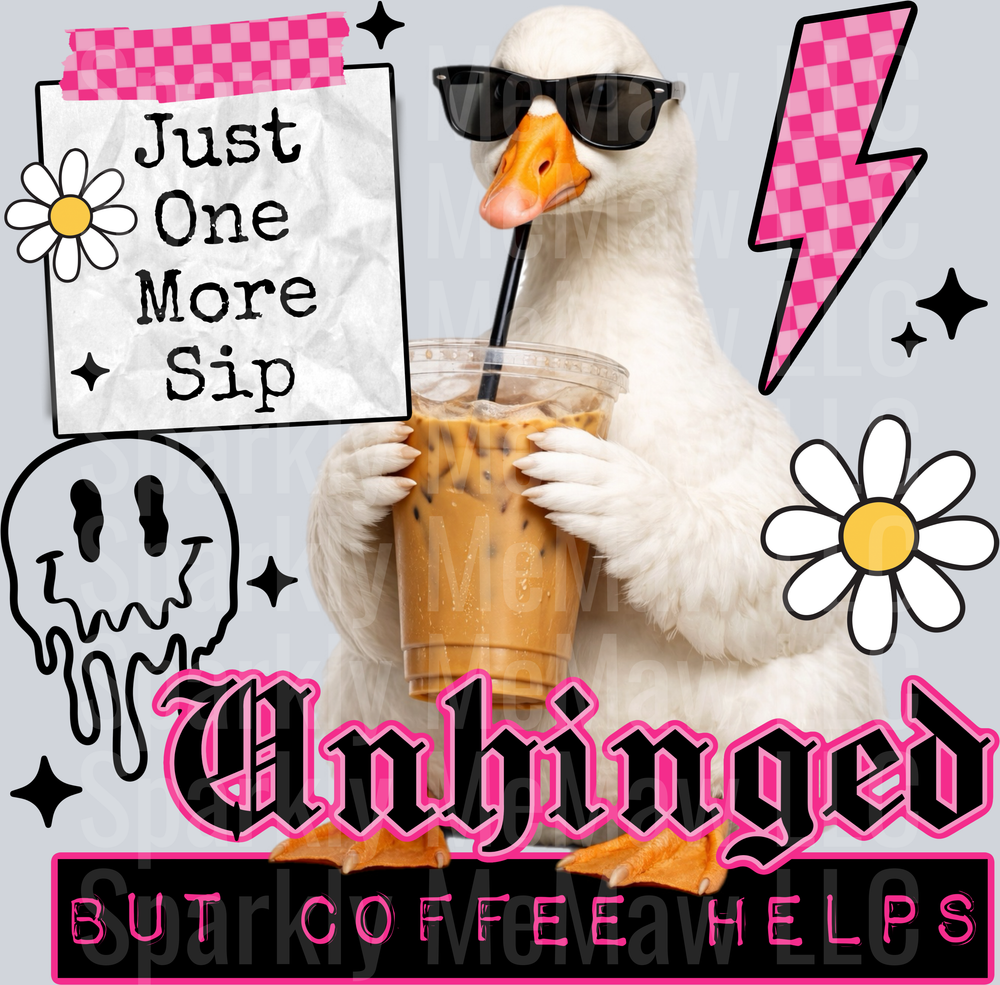 Cool Duck with Sunglasses Drinking Iced Coffee Unhinged But Coffee Helps Meme UV DTF Decal