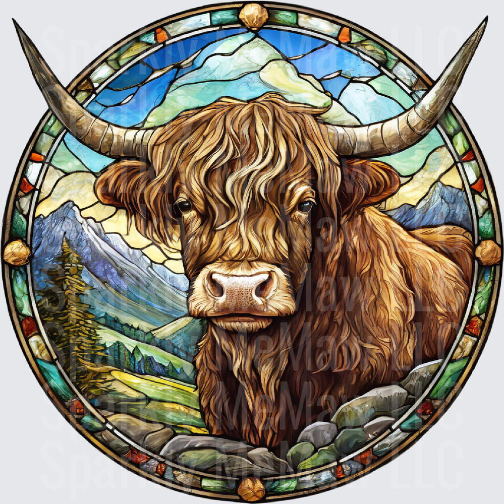 Highland Cow Stained Glass Mountain Landscape Circle