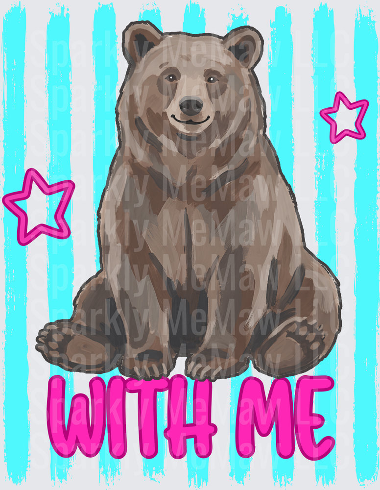 Cute Brown Bear With Me DTF Transfer for Fabric with Pink Stars and Turquoise Stripes