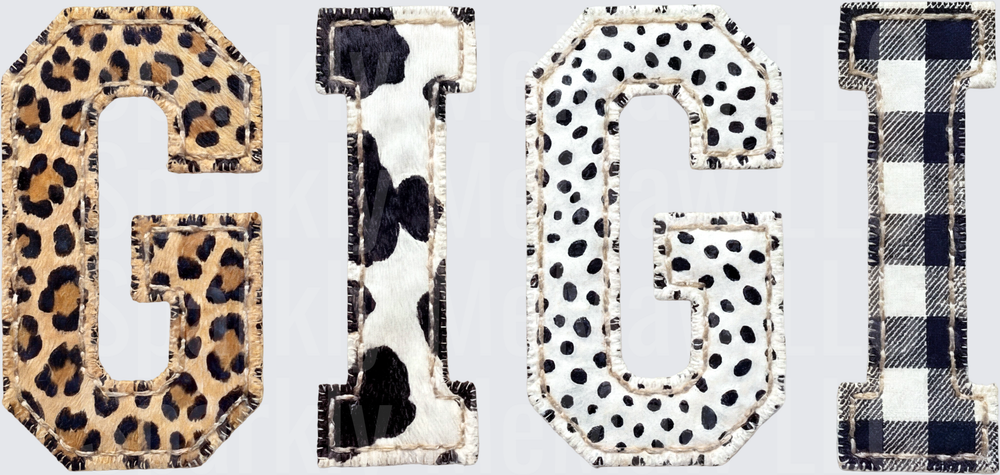GIGI Letters in Leopard Print Cow Print Polka Dots Buffalo Plaid UV DTF Decal