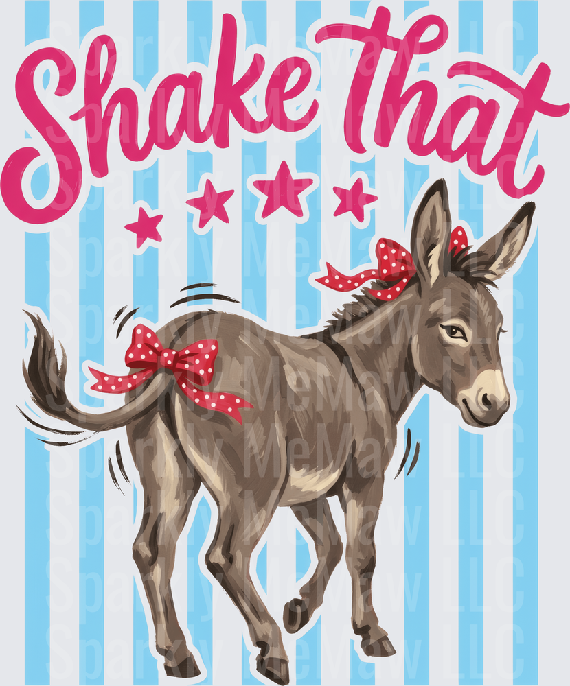 Shake That Ass Funny Donkey with Red Polka Dot Bows on Blue Stripes DTF Transfer for Fabric