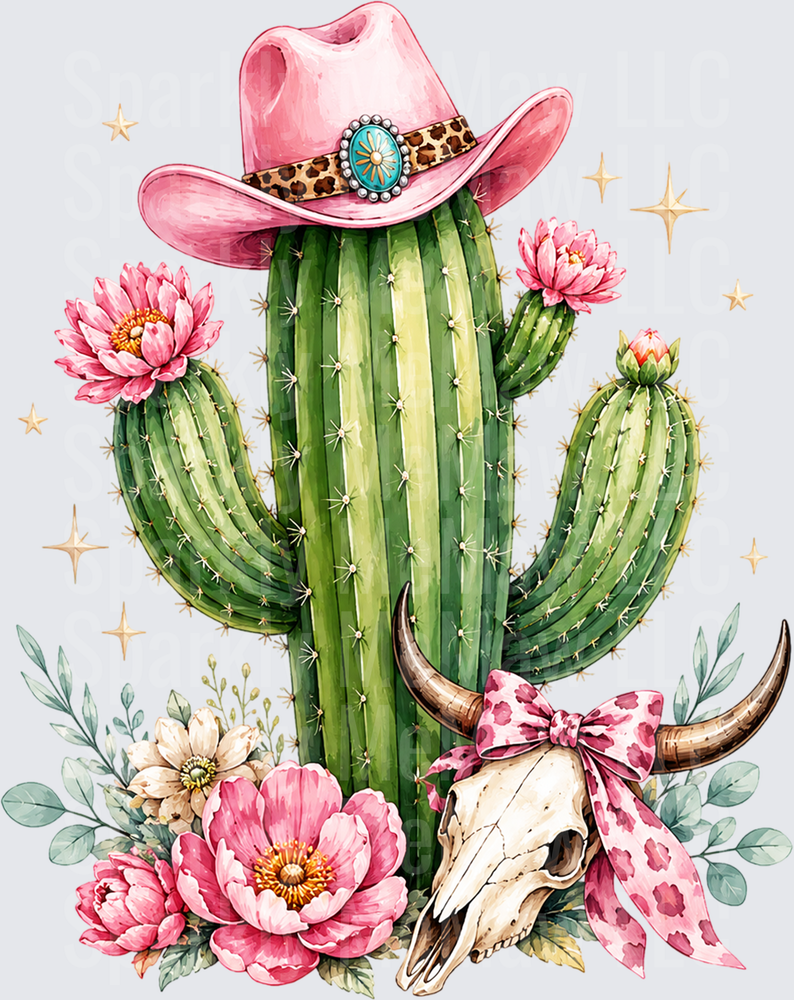 Western Cowgirl Cactus with Pink Hat and Cow Skull Floral Design DTF Transfer for Fabric