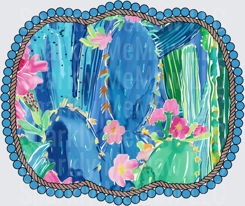 Blue Whale with Pink Tropical Flowers in Rope Pearl Border Frame UV DTF Decal