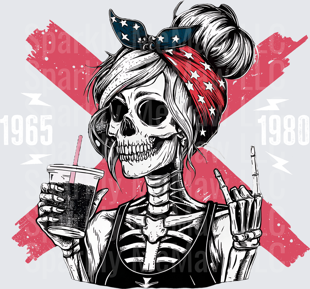 Sassy Skeleton Woman with Messy Bun and Patriotic Bandana Holding Coffee and Middle Finger DTF Transfer