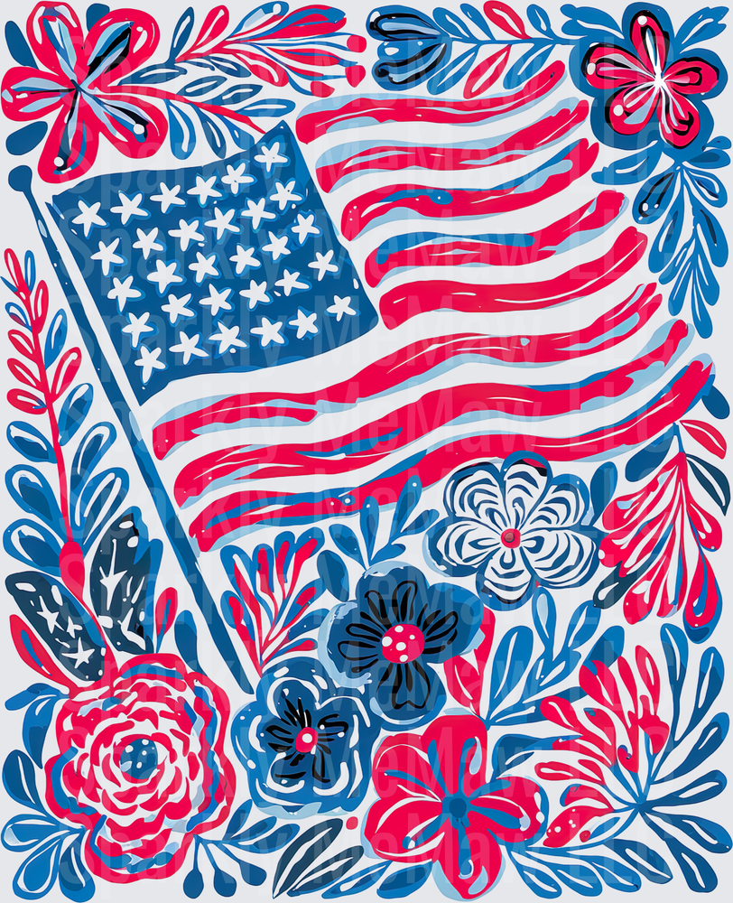 Patriotic American Flag with Red White Blue Floral Border UV DTF Decal