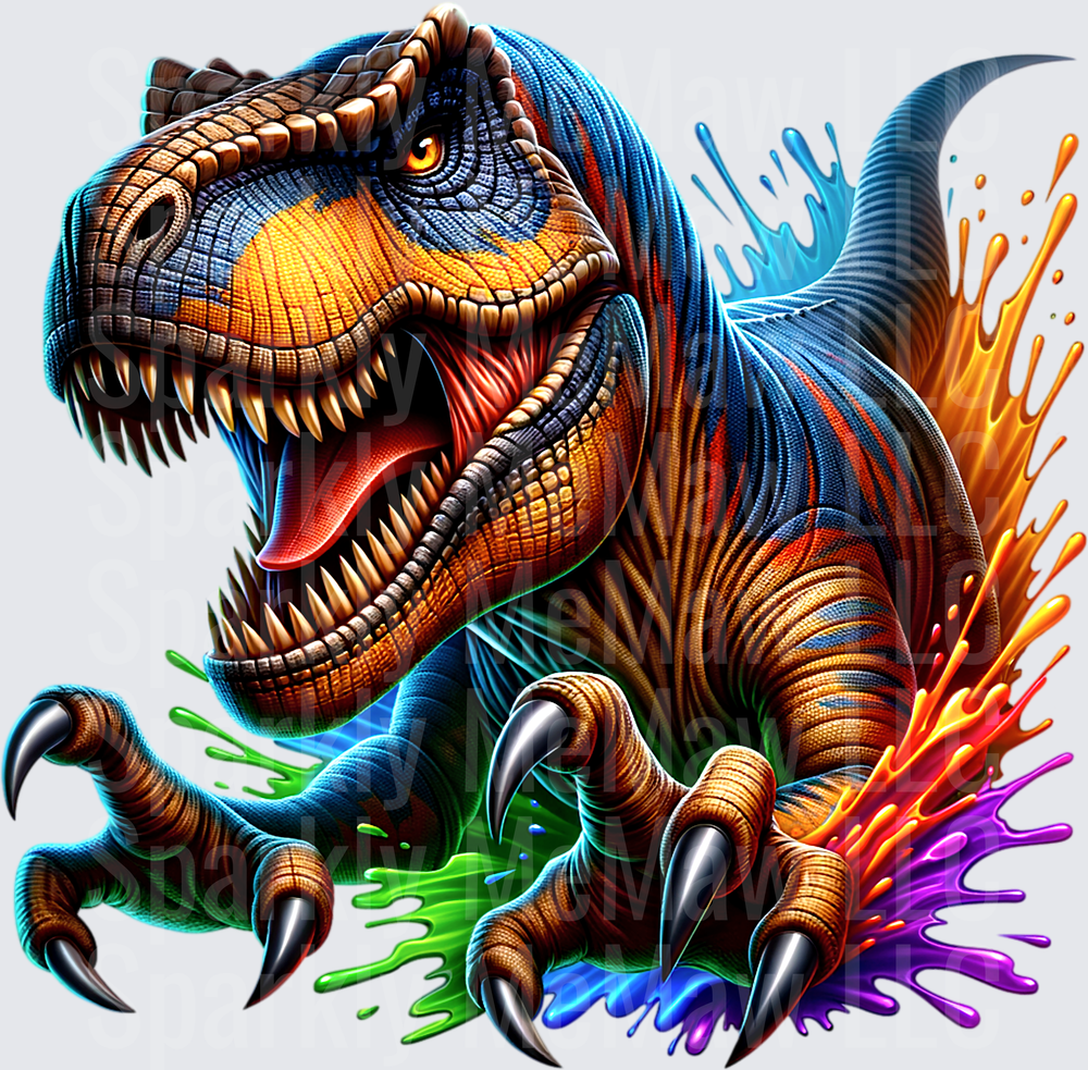Ferocious T-Rex Dinosaur with Vibrant Paint Splash Effects UV DTF Decal