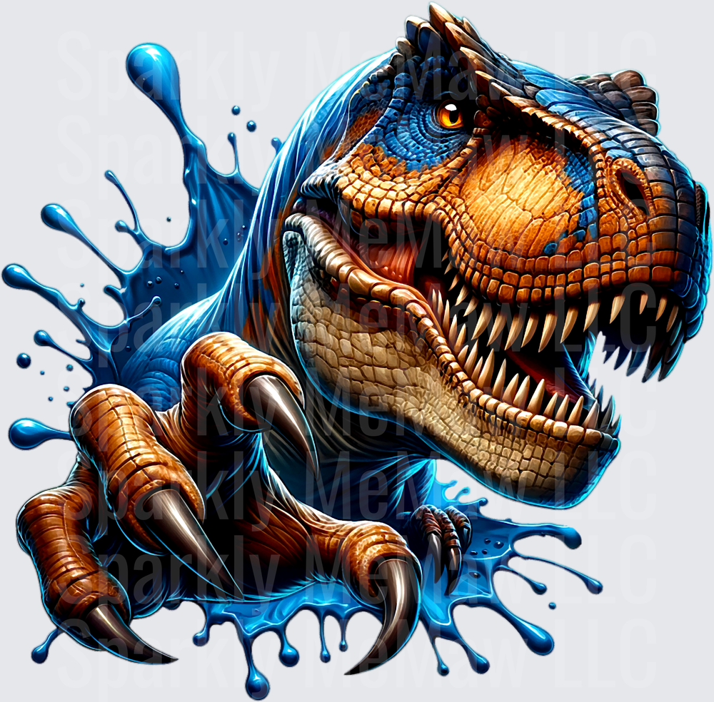 Roaring T-Rex Dinosaur with Blue Water Splash Effects UV DTF Decal