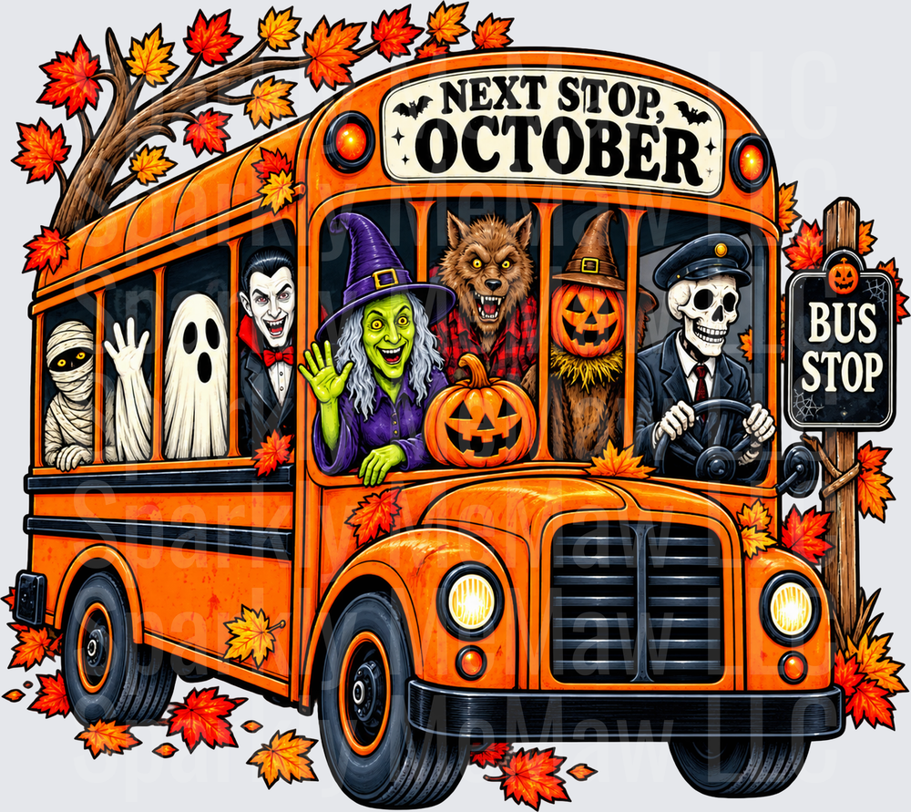 Next Stop October Halloween Bus UV DTF Decal