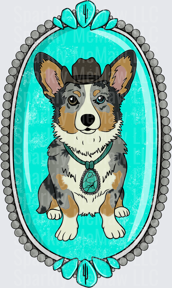 Cowboy Corgi Dog in Ornate Turquoise Victorian Frame with Turquoise Pendant