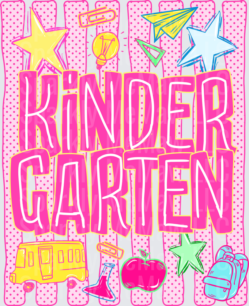 Kindergarten School Theme DTF Transfer for Fabric with Stars Apple Backpack School Bus Sneakers Paper Airplane Light Bulb Icons Pink Polka Dot Background