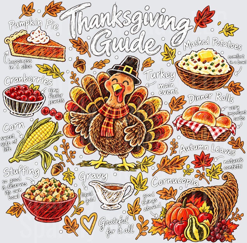 Thanksgiving Guide Illustrated Collage 10x10 UV DTF Cut and Stick Element Sheet