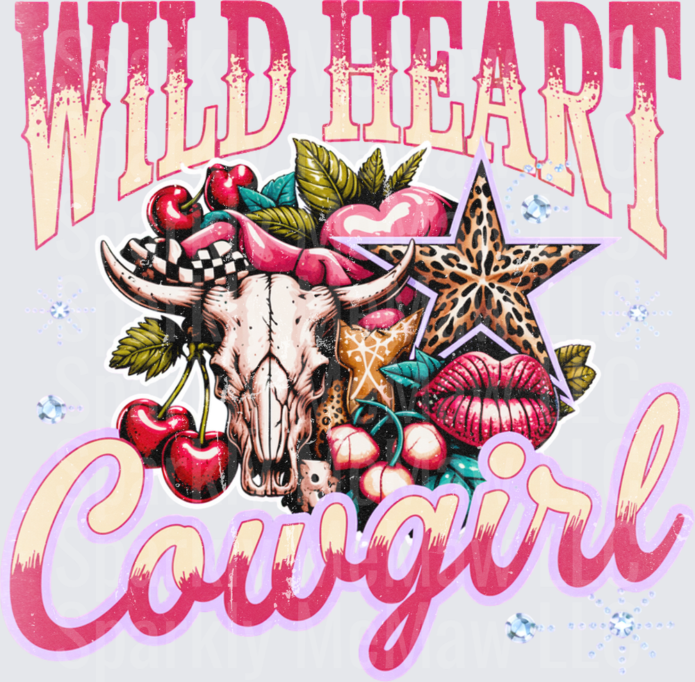 Wild Heart Cowgirl Bull Skull Leopard Star Cherries Western DTF Transfer for Fabric