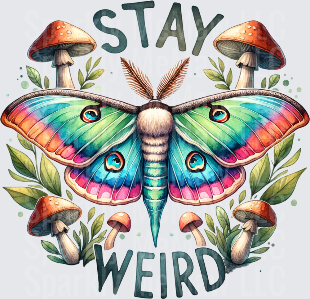 Stay Weird Rainbow Moth with Mushrooms Botanical UV DTF Decal
