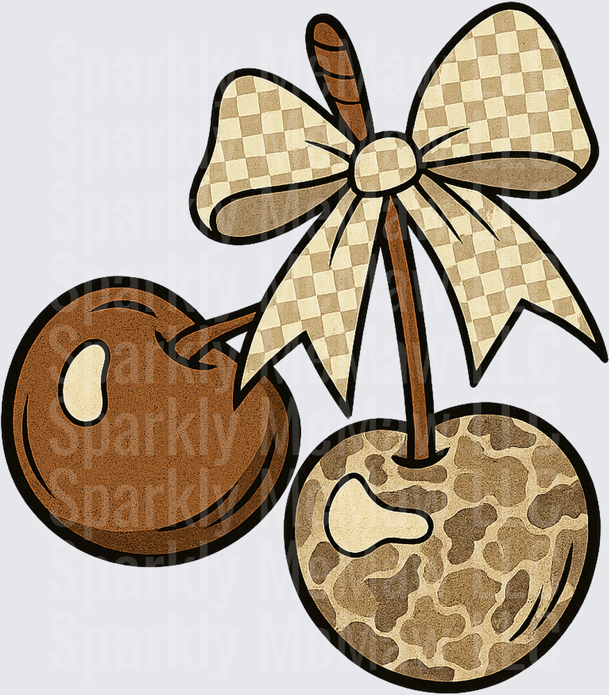 Cute Brown Cherries with Checkered Bow UV DTF Decal