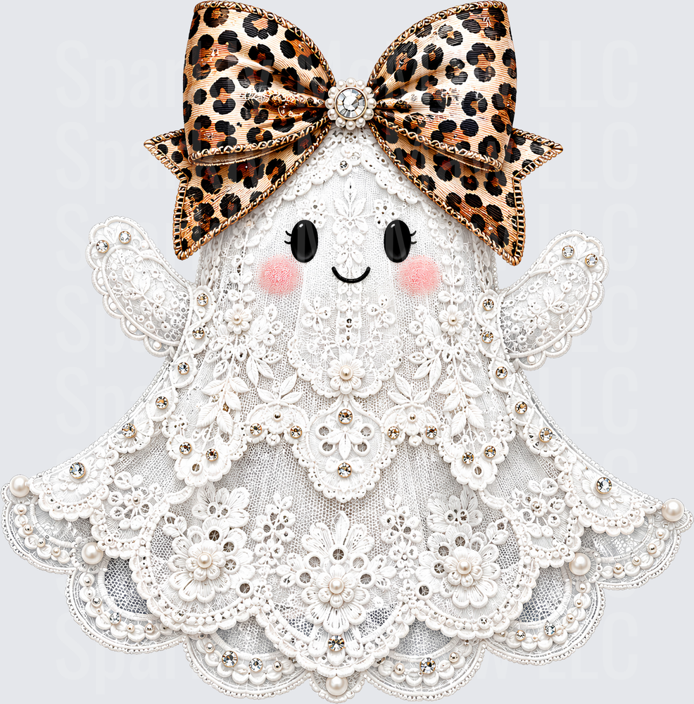 Cute Lace Ghost with Leopard Print Bow Pink Blush Cheeks Pearls and Rhinestones UV DTF Decal