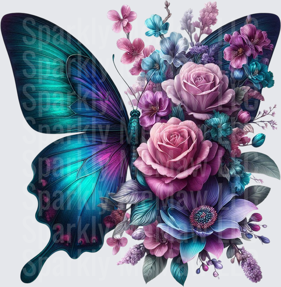 Teal Butterfly Floral Bouquet UV DTF Decal