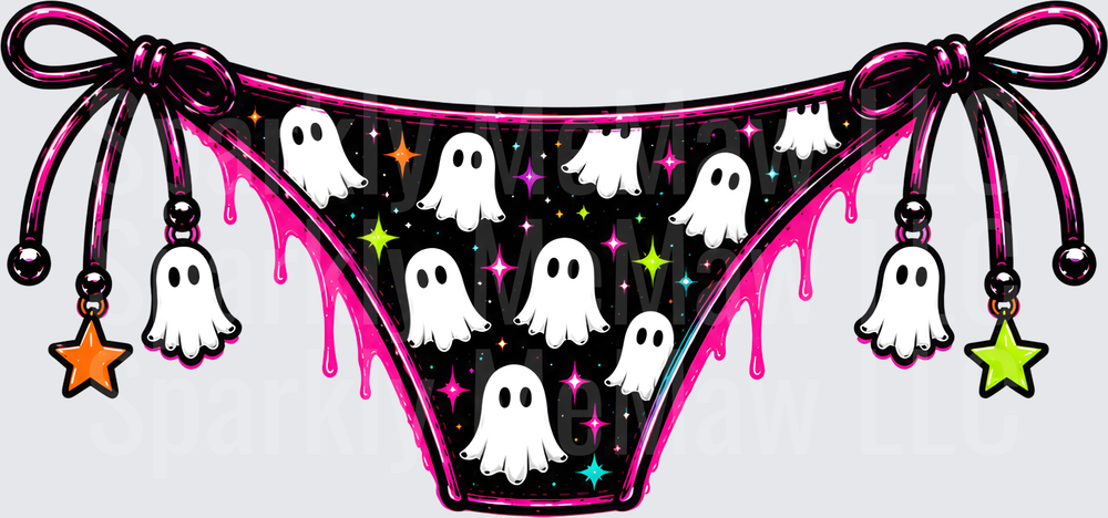 Halloween Ghost Pattern Bikini Bottom with Stars and Dripping Details DTF Transfer for Fabric