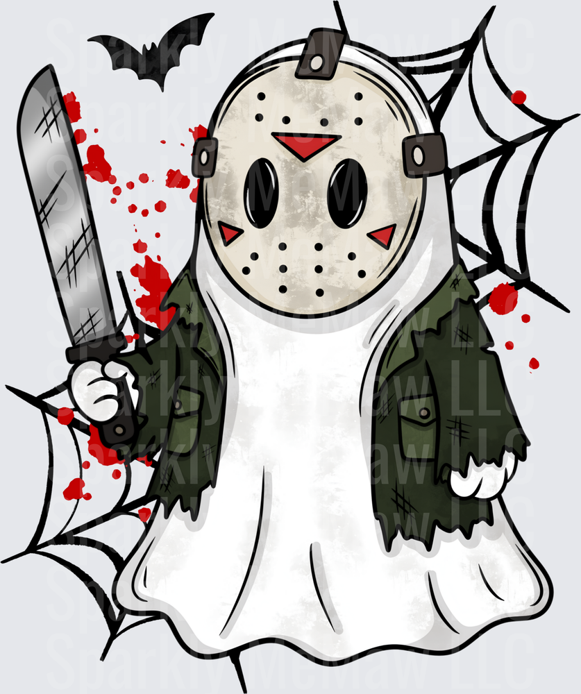Cute Ghost Wearing Jason Voorhees Hockey Mask with Bloody Machete Spider Web Bat Halloween Horror DTF Transfer for Fabrics