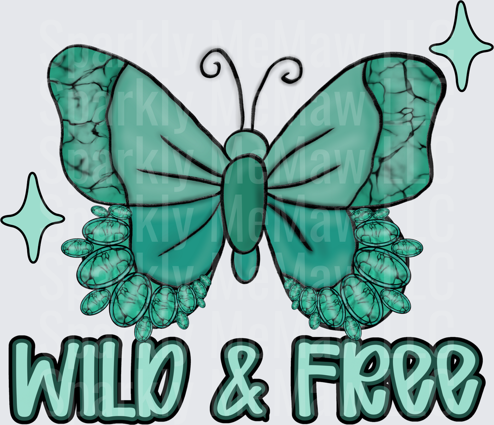 Wild & Free Turquoise Butterfly with Decorative Wings and Sparkles UV DTF Decal