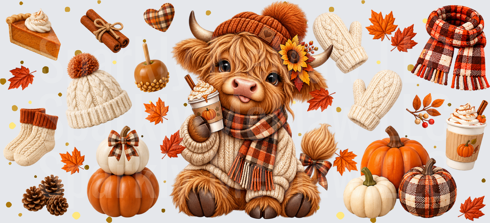 Cozy Fall Highland Cow This is a UV DTF 16 oz Wrap