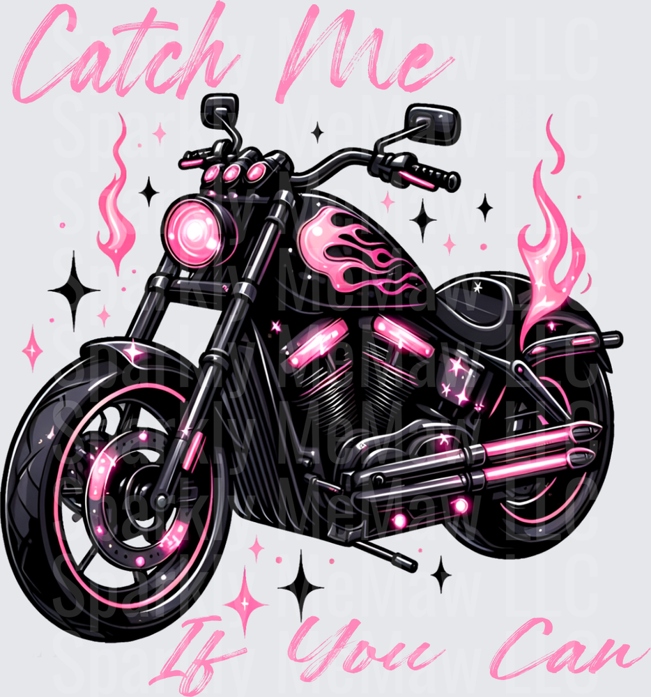 Catch Me If You Can Pink Flame Motorcycle with Sparkles UV DTF Decal