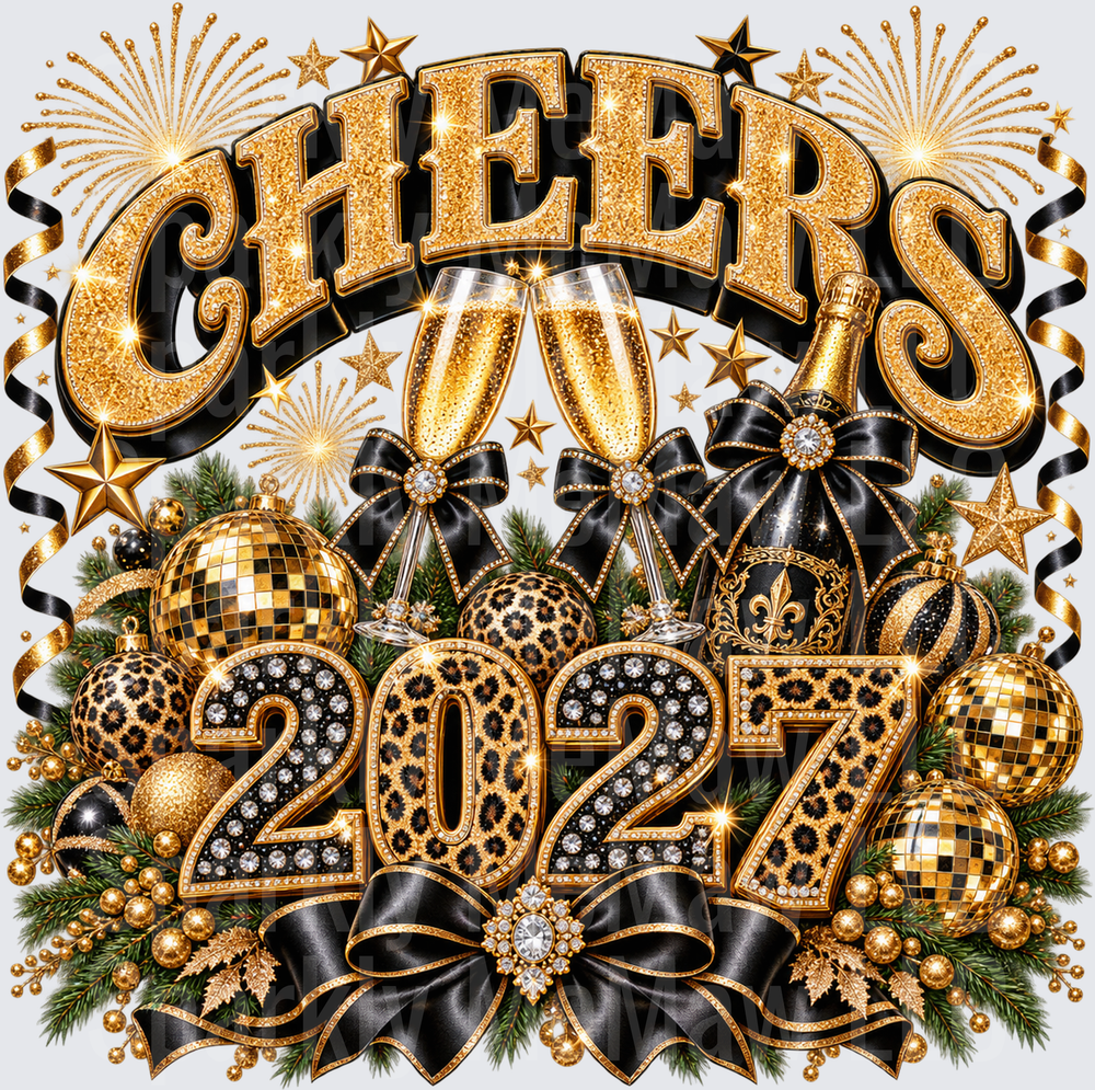 Cheers 2027 Gold Glam New Year is a DTF Transfer for Fabrics