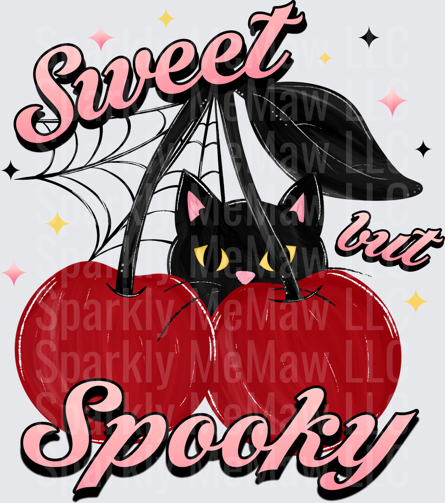 Sweet But Spooky Black Cat Peeking Through Gothic Cherries with Spider Web DTF Transfer for Fabrics