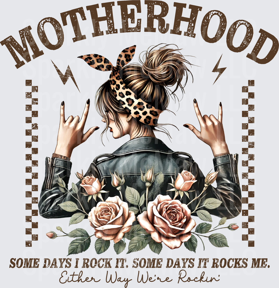 Motherhood Rock and Roll Woman with Leopard Bandana and Roses Some Days I Rock It Quote UV DTF Decal