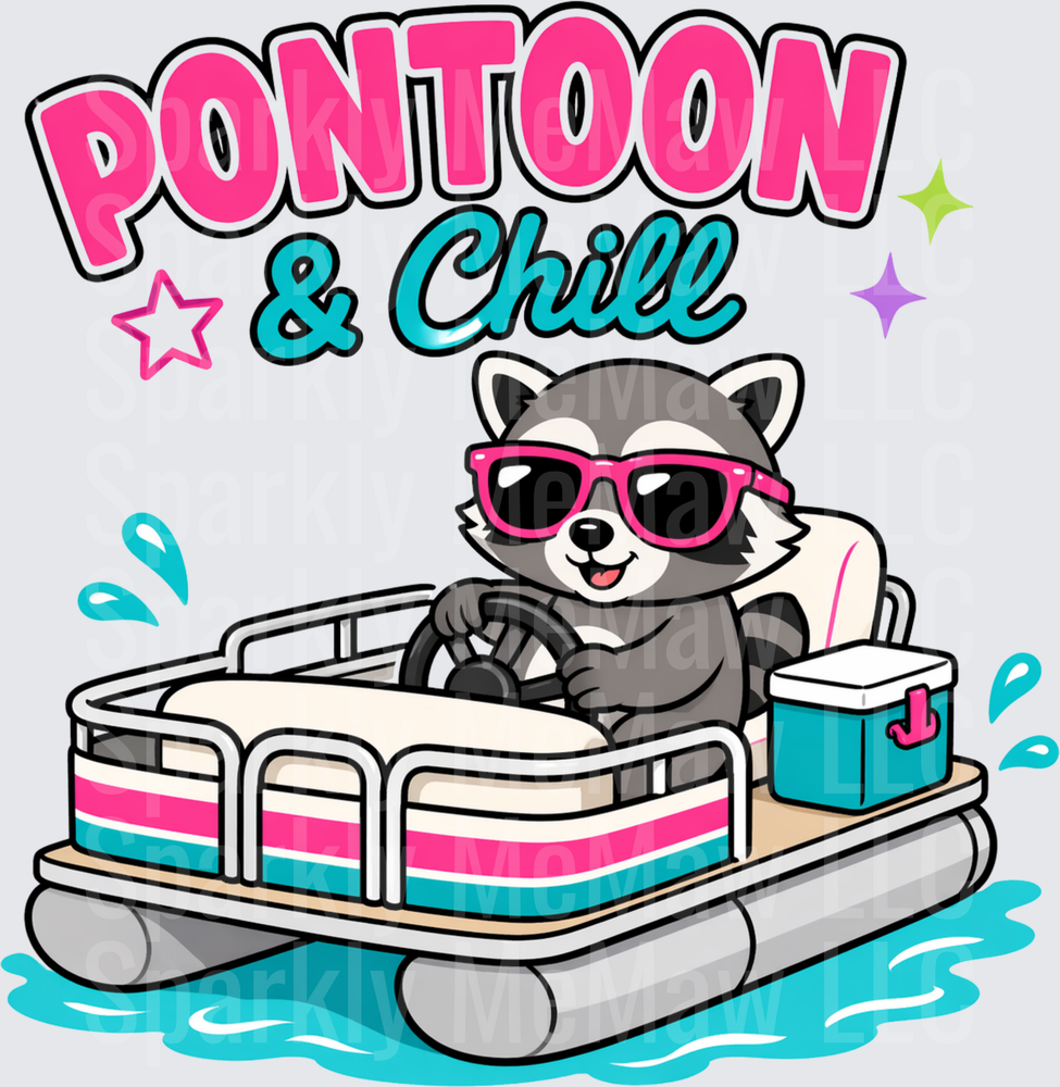 Pontoon and Chill Cool Raccoon Captain Driving Boat with Sunglasses DTF Transfer for Fabric