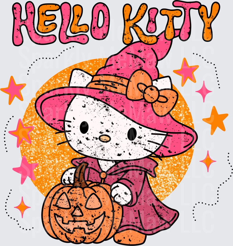 Hello Kitty Halloween Witch Costume with Jack-o'-Lantern Pumpkin DTF Transfer