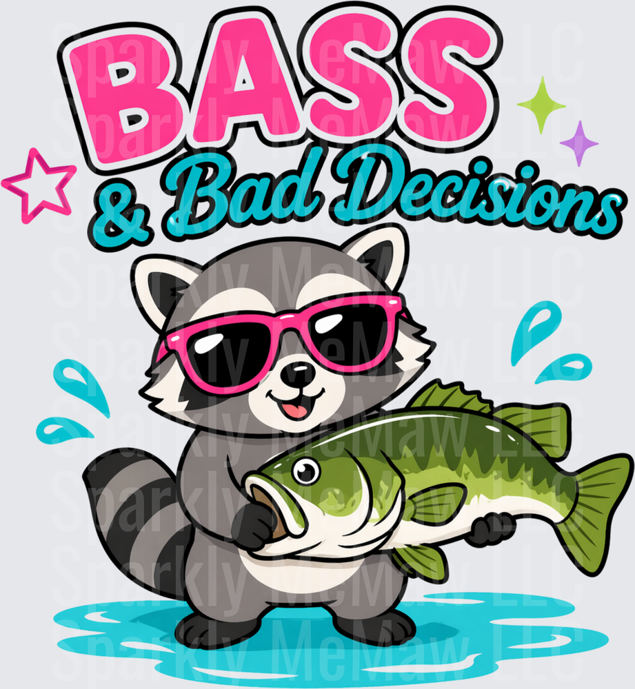 Bass and Bad Decisions Cool Raccoon with Sunglasses Holding Fish DTF Transfer for Fabric