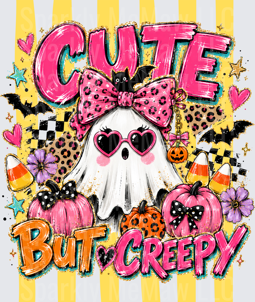 Cute But Creepy Halloween Ghost with Pink Leopard Bow Heart Sunglasses Pumpkins Bats Candy Corn UV DTF Decal