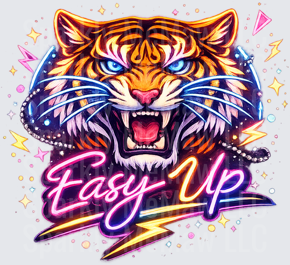 Fierce Tiger Head with Neon Easy-Up Text and Lightning Bolts UV DTF Decal