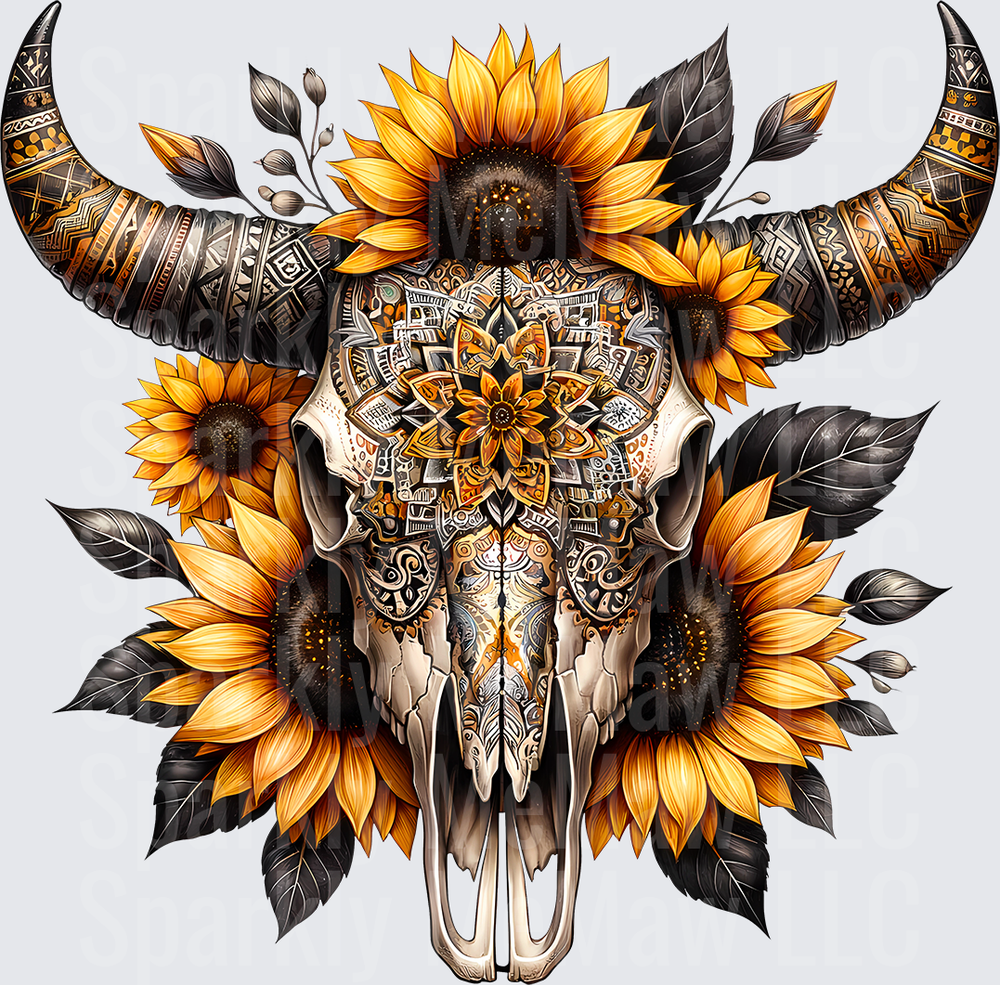 Boho Bull Skull Sunflowers is a UV DTF Decal