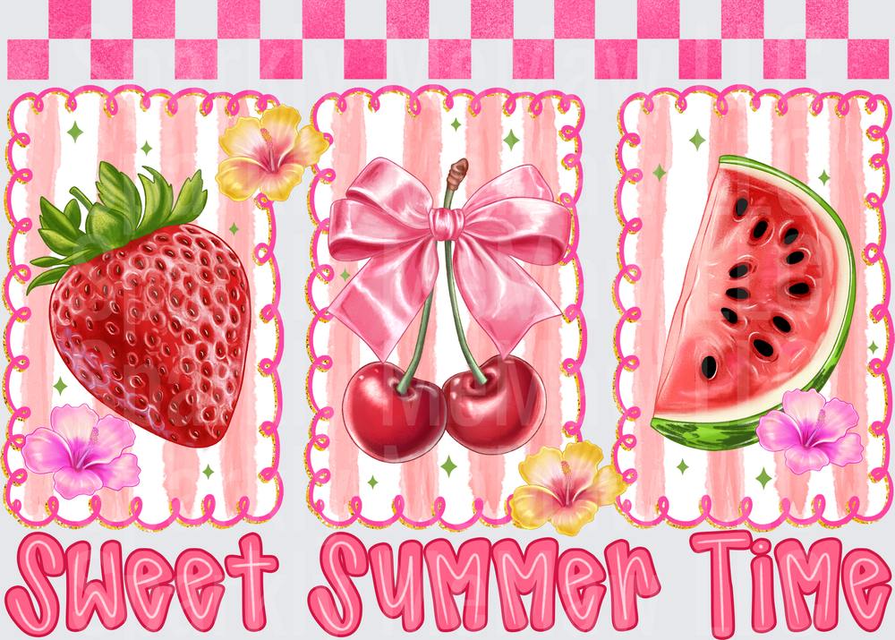 Sweet Summer Time Kawaii Fruit Trio with Strawberry Cherries and Watermelon DTF Transfer for Fabric