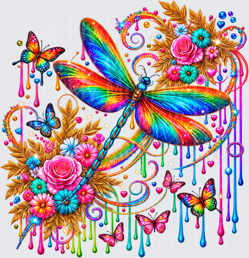 Rainbow Glitter Dragonfly Floral Butterflies DTF Transfer for Fabrics