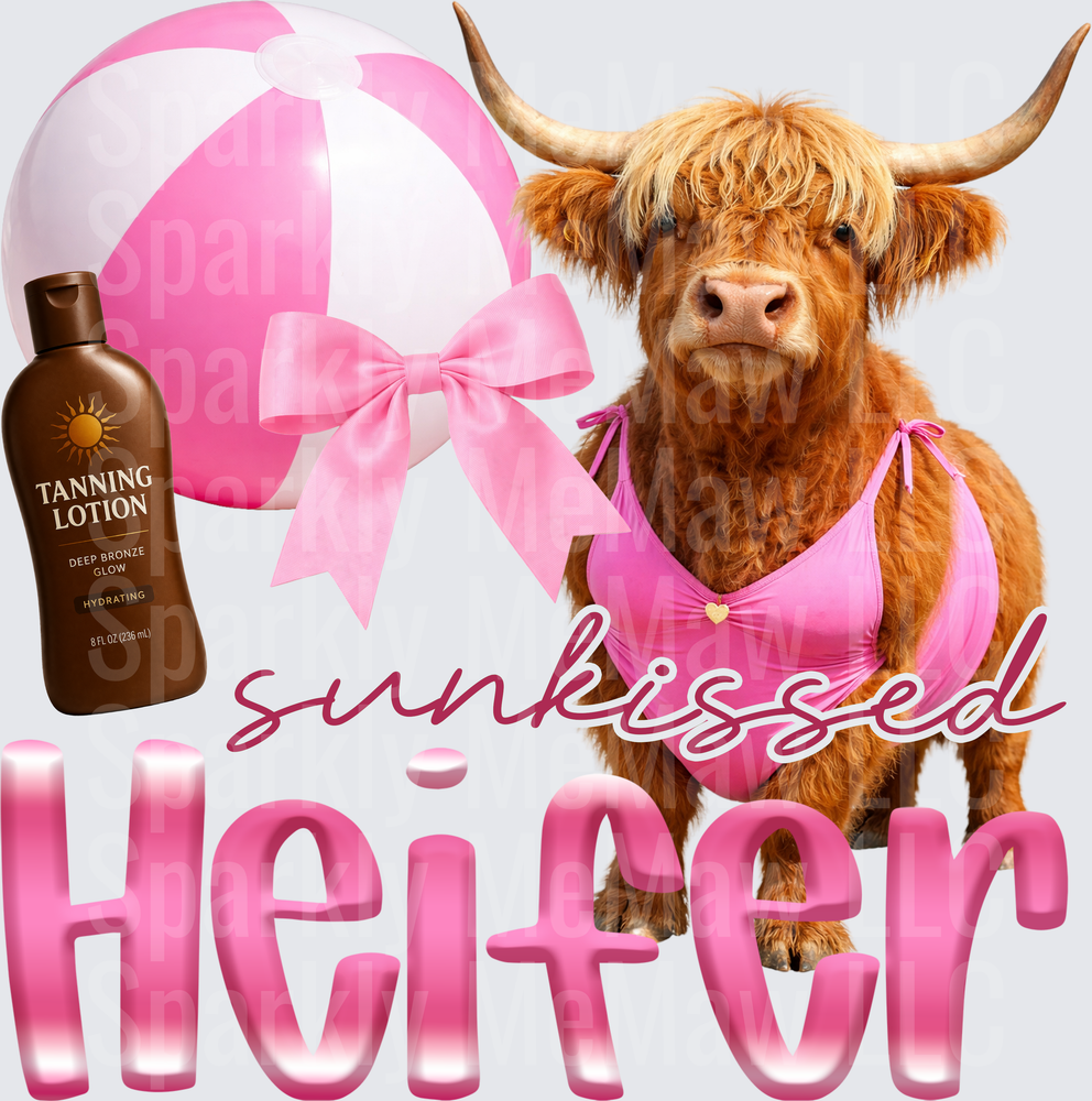 Sunkissed Heifer Highland Cow in Pink Bikini with Tanning Lotion